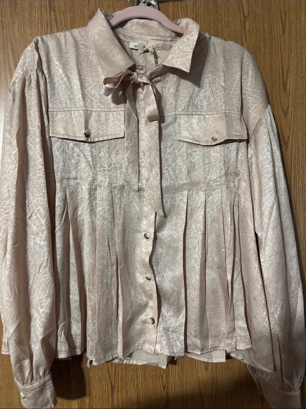 Mystree Blush Pink Tie-Neck Pleated Button Front Jacket